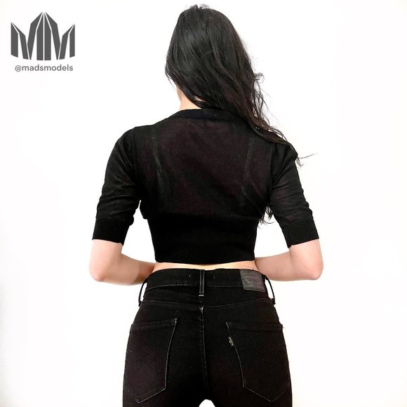 Black Ribbed Half Sleeve V-neck Cropped Cardigan - Picture 3 of 3